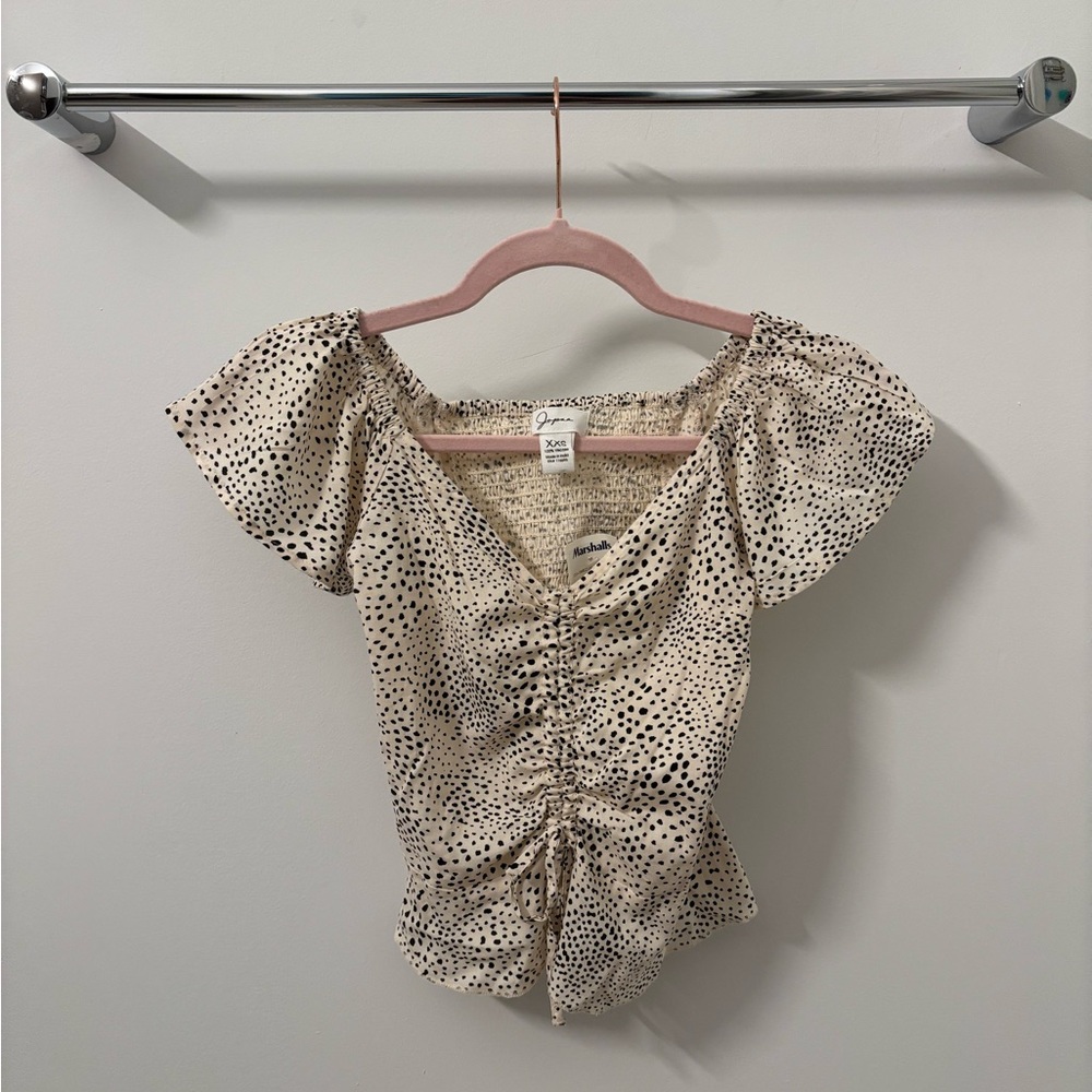 Cream Polka Dot Ruched Peplum Top